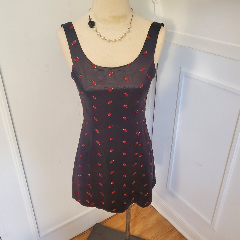 ❤SOLD❤Vintage betsey johnson Satin Rosebud embroidery mini Black dress - Picture 7 of 11